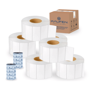 Kit 6 rollos +2 ribbon etiquetas transferencia térmica 4" x 2" (102 mm x 51 mm) centro 3” (2,780 etiquetas) con precorte. Ribbon 110 mm x 450 m