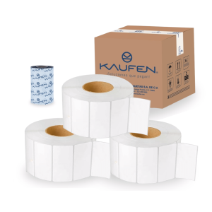 Kit 3 rollos +1 ribbon. Etiquetas transferencia térmica 4" x 2" (102 mm x 51 mm) centro 3” (2,780 etiquetas) con precorte. Ribbon 110 mm x 450 m