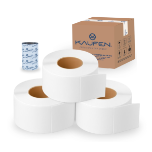 Kit 3 rollos +1 ribbon. Etiquetas transferencia térmica 4" x 6.5" (102 mm x 165 mm) centro 3"(885 etiquetas) con precorte. Ribbon 110 mm x 450 m