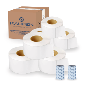 Kit 6 rollos +2 ribbon. Etiquetas transferencia térmica 4" x 6" (102 mm x 152 mm) centro 3” (1000 etiquetas) con precorte. Ribbon 110 mm x 450 m