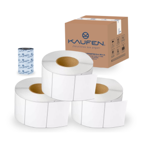 Kit 3 rollos +1 ribbon. Etiquetas transferencia térmica 4" x 3" (102 mm x 76 mm) centro 3" (1890 etiquetas) con precorte. Ribbon 110 mm x 450 m