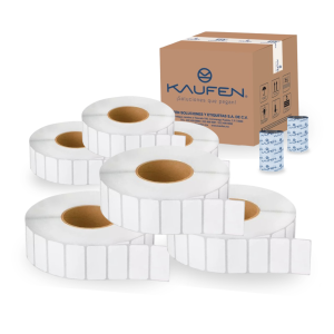 Kit de 6 rollos +2 ribbon. Etiquetas transferencia térmica 2” x 1" (51 mm x 25 mm) centro 3" (5,250 etiquetas) con precorte. Ribbon 110 mm x 74 m