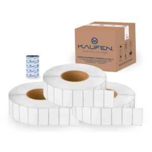 Kit 3 rollos +1 ribbon. Etiquetas transferencia térmica. Medida 2" x 1" (51 mm x 25 mm). Rollos de 5,250 etiquetas, centro 3" y precorte individual. Ribbon de cera negro medida 110 mm x 450 m